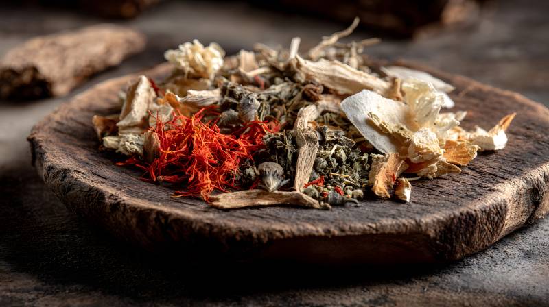 草本药材静置木盘上图片