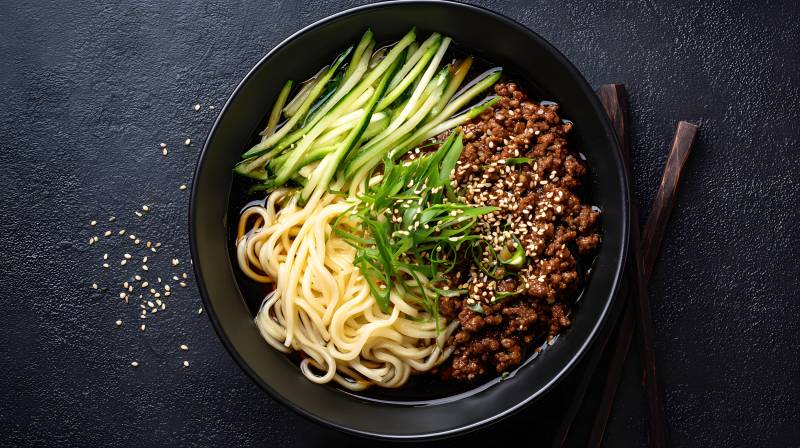 黑碗拌面配肉酱黄瓜丝图片