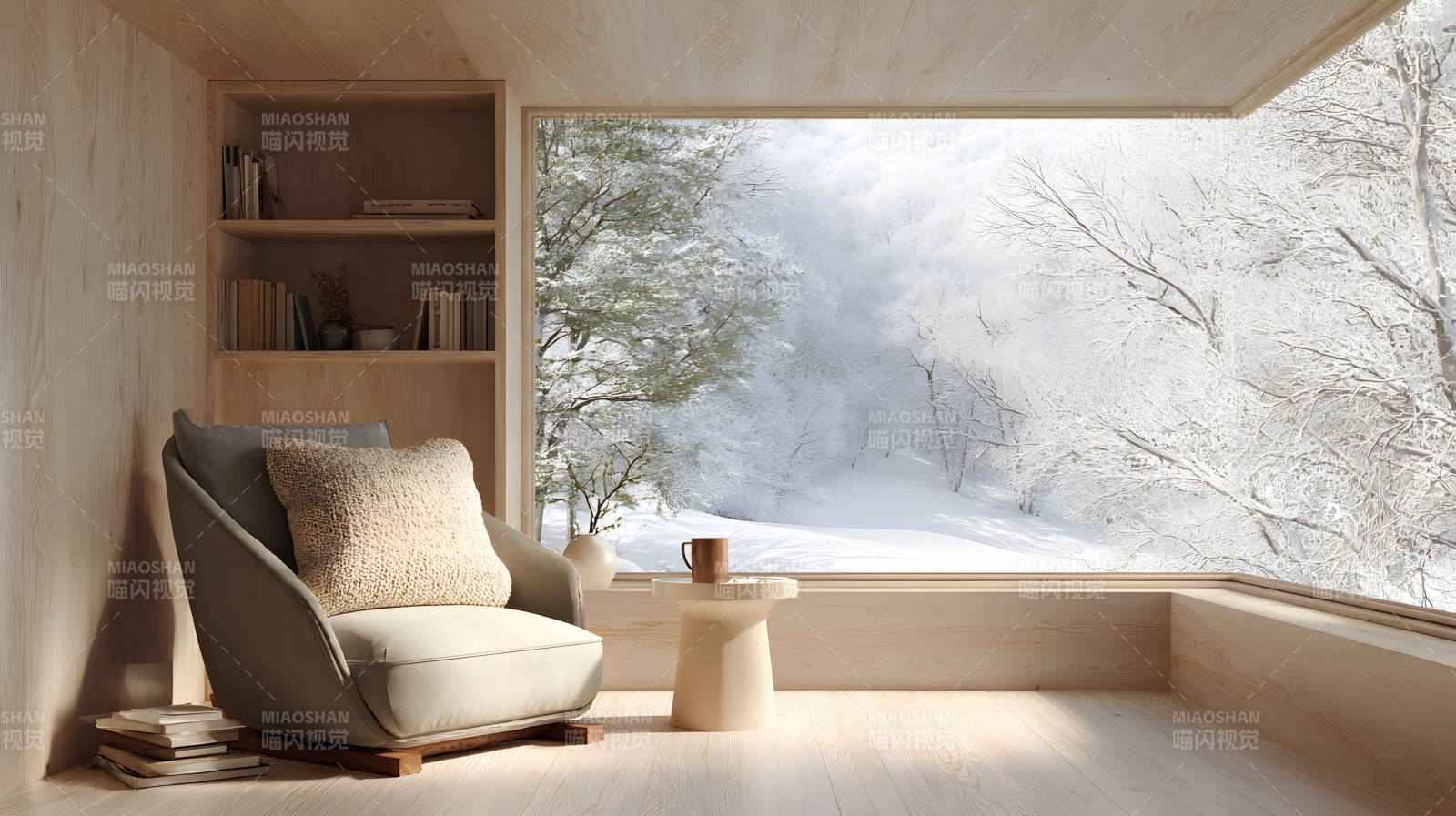 雪景窗边静谧阅读角图片