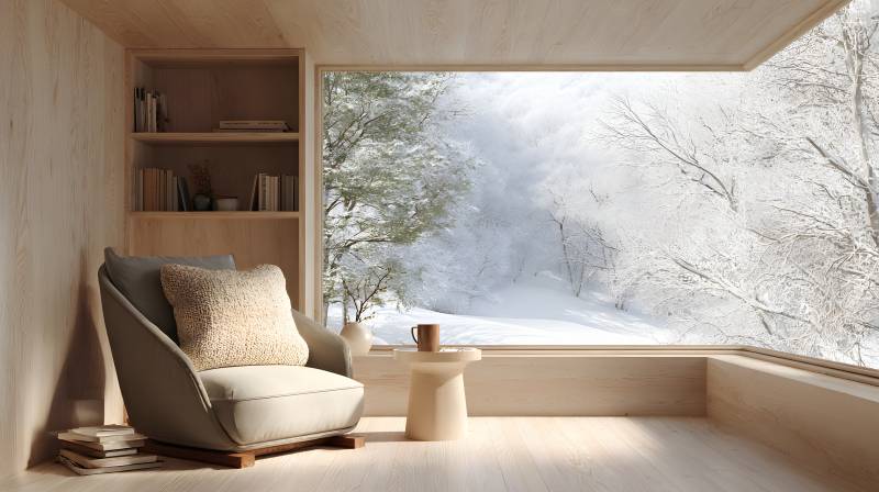 雪景窗边静谧阅读角图片