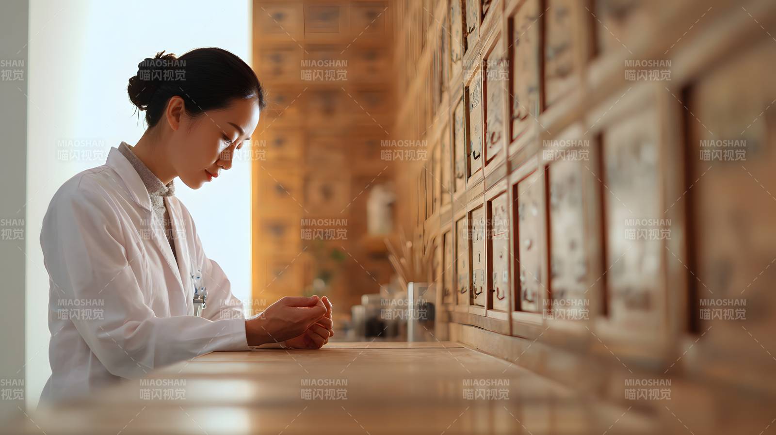 中药房女药师配药中图片