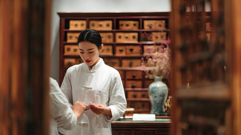 中药房女子配药场景图片