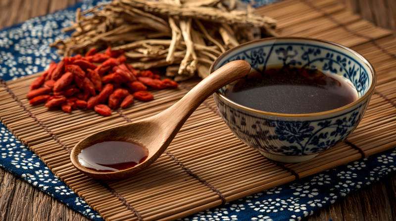 中药养生汤配枸杞人参图片