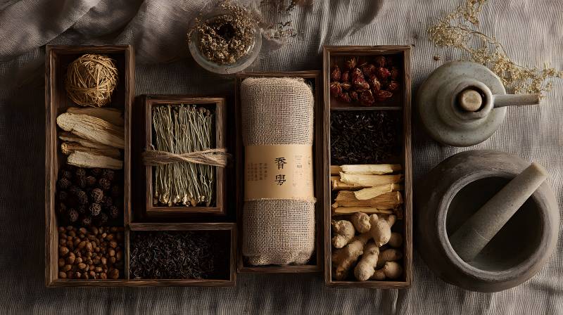 中药药材与茶具静物图图片