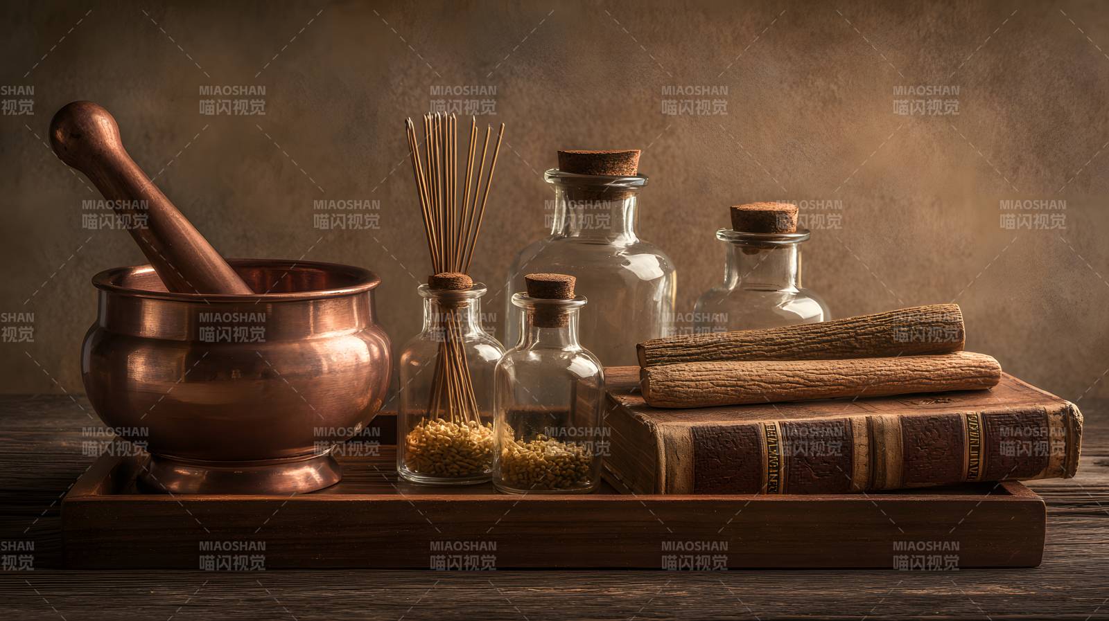 古法药臼与香草瓶静物图图片