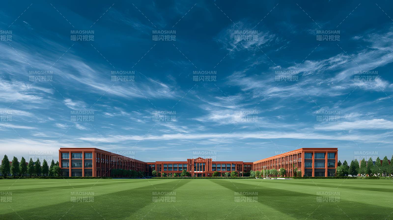 红砖校园 蓝天绿茵图片
