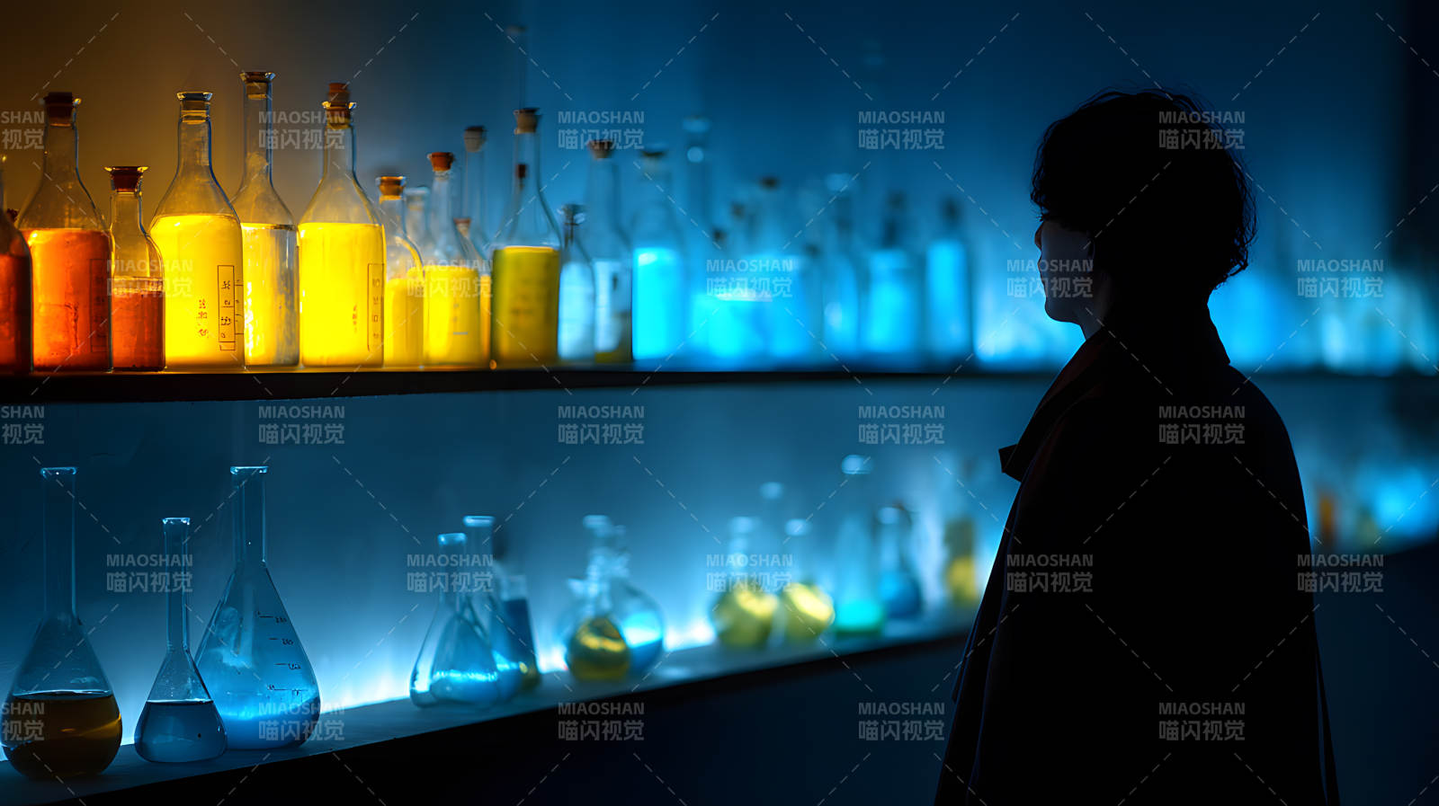 蓝光药瓶前的剪影人图片