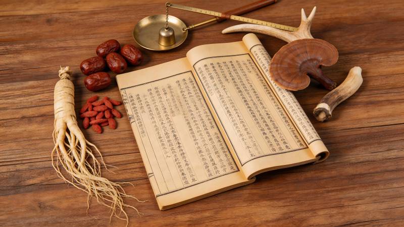 中医古籍与药材静物图图片