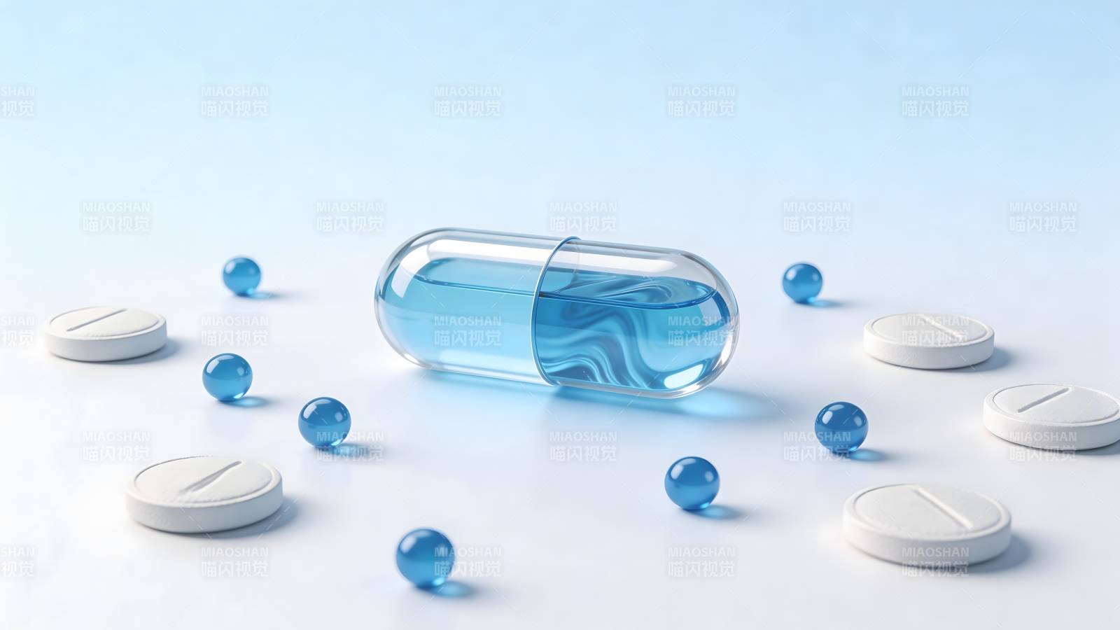 蓝胶囊与药片散落图图片