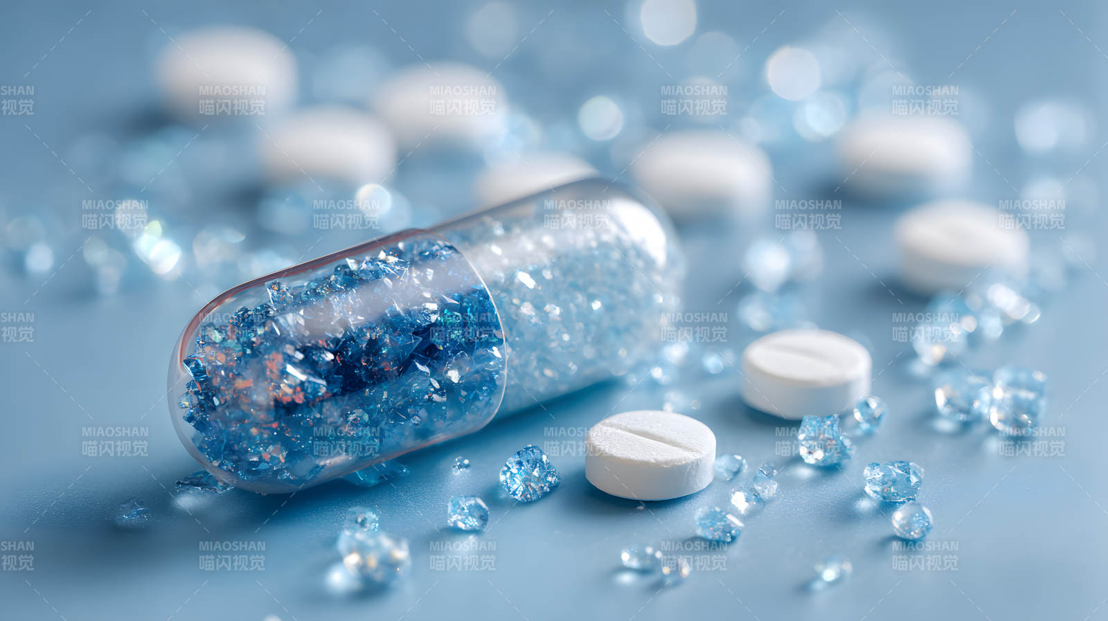 蓝晶胶囊与药片特写图片