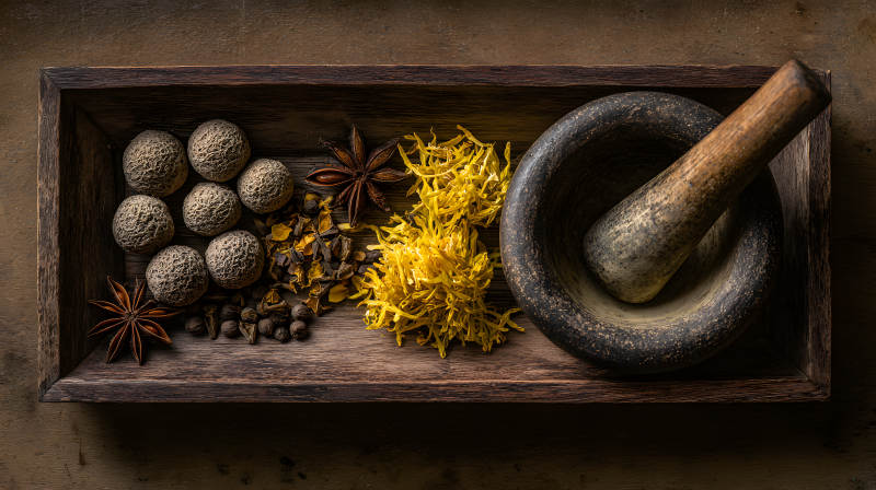 香料与研钵的静物艺术图片