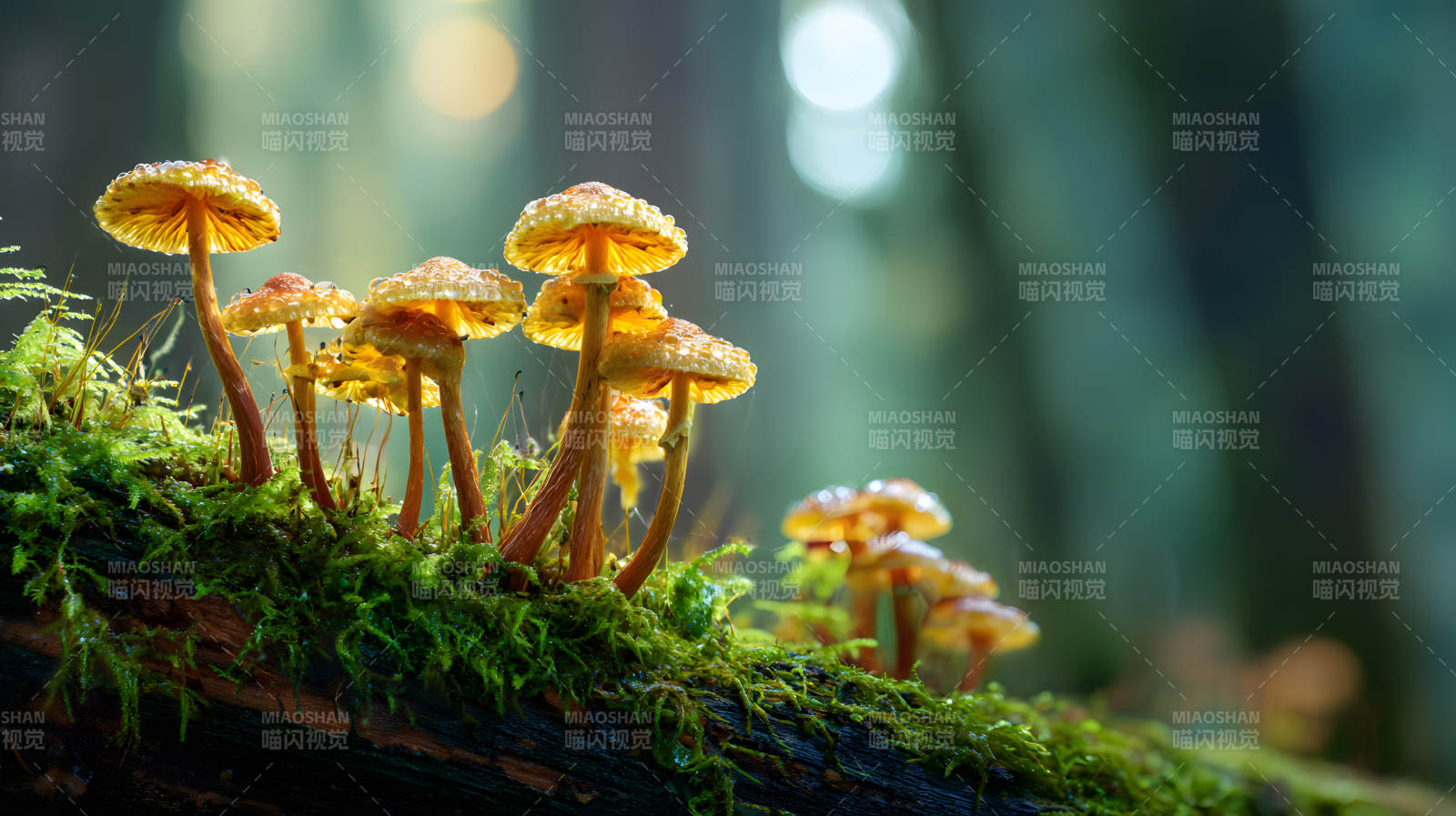 林间苔上小蘑菇群生图片