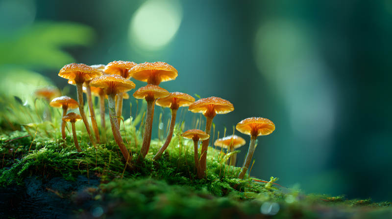 苔上橙菇 林间微光图片
