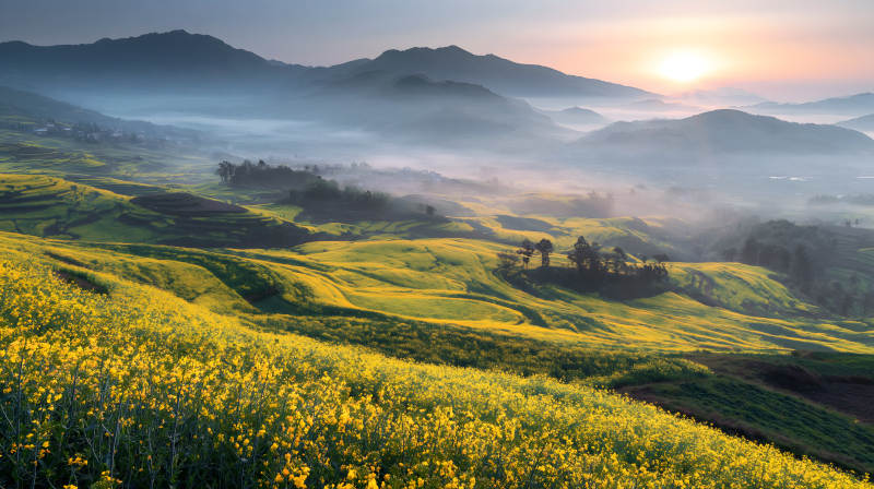 晨雾花海 山峦如画图片