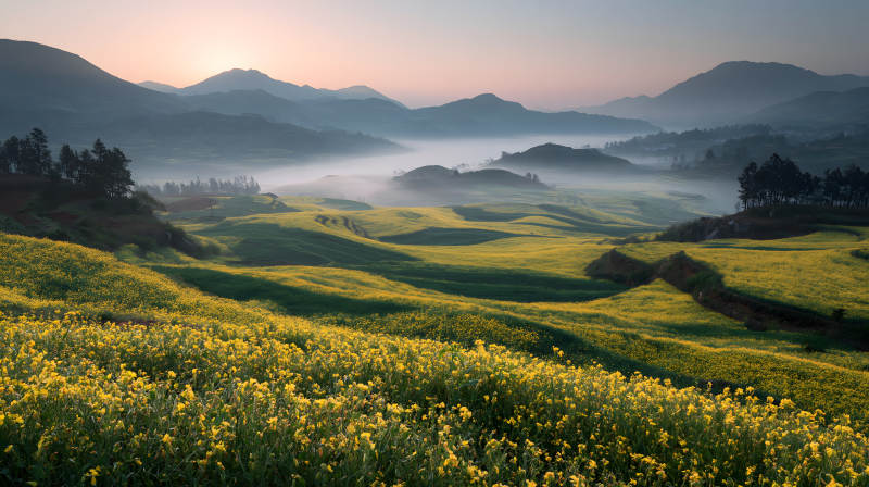 晨雾花海 山峦如画图片