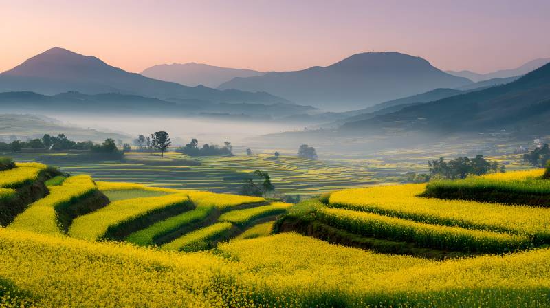 晨雾梯田 金黄花海映山峦图片