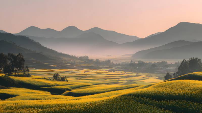 晨雾金田 山峦叠翠图片