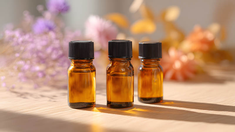 三瓶精油静置木桌 花影柔和图片