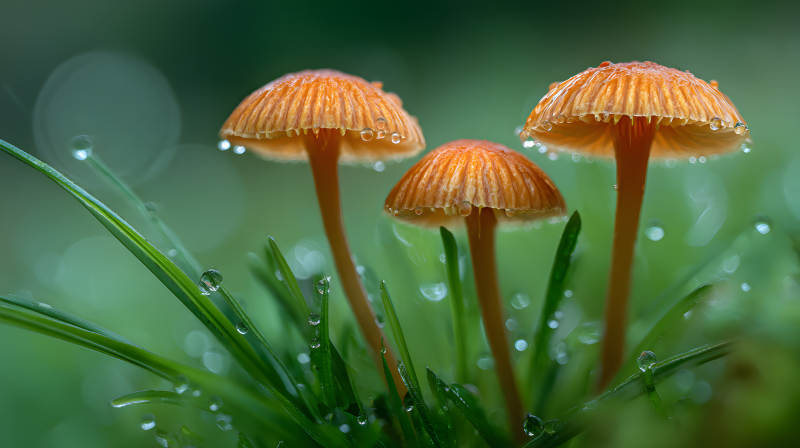 雨滴轻吻橙菇 绿意盎然图片