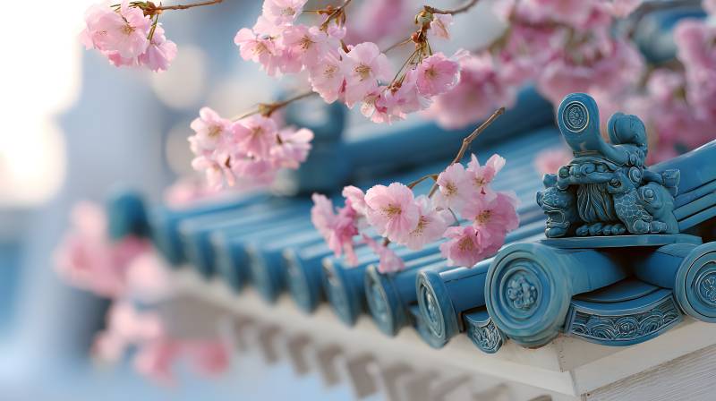 樱落青瓦 春意盎然图片