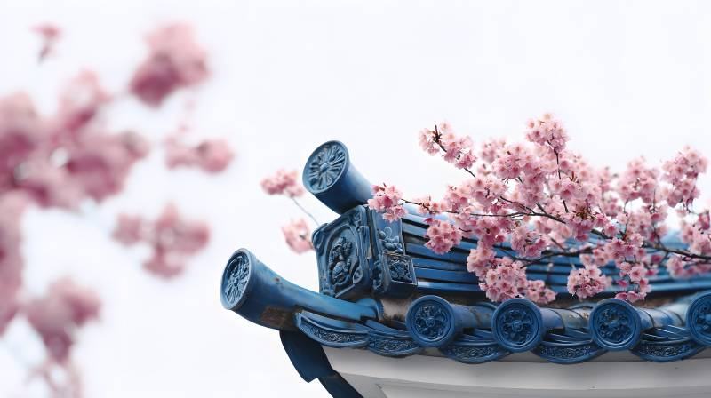 樱落青瓦 春意盎然图片