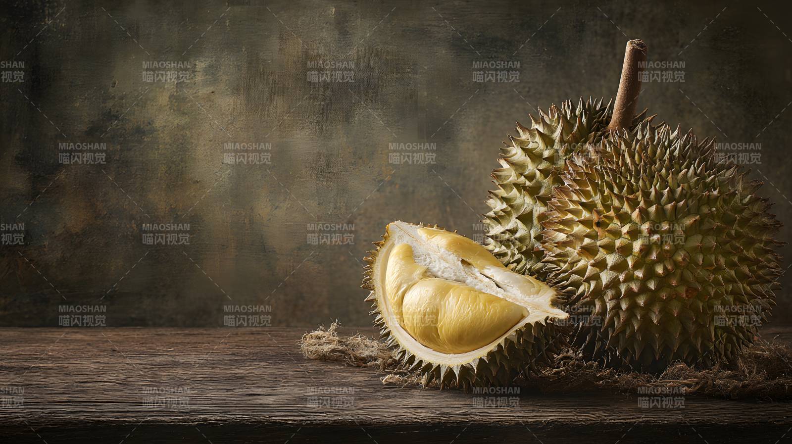 榴莲静物 刺壳与金黄果肉图片