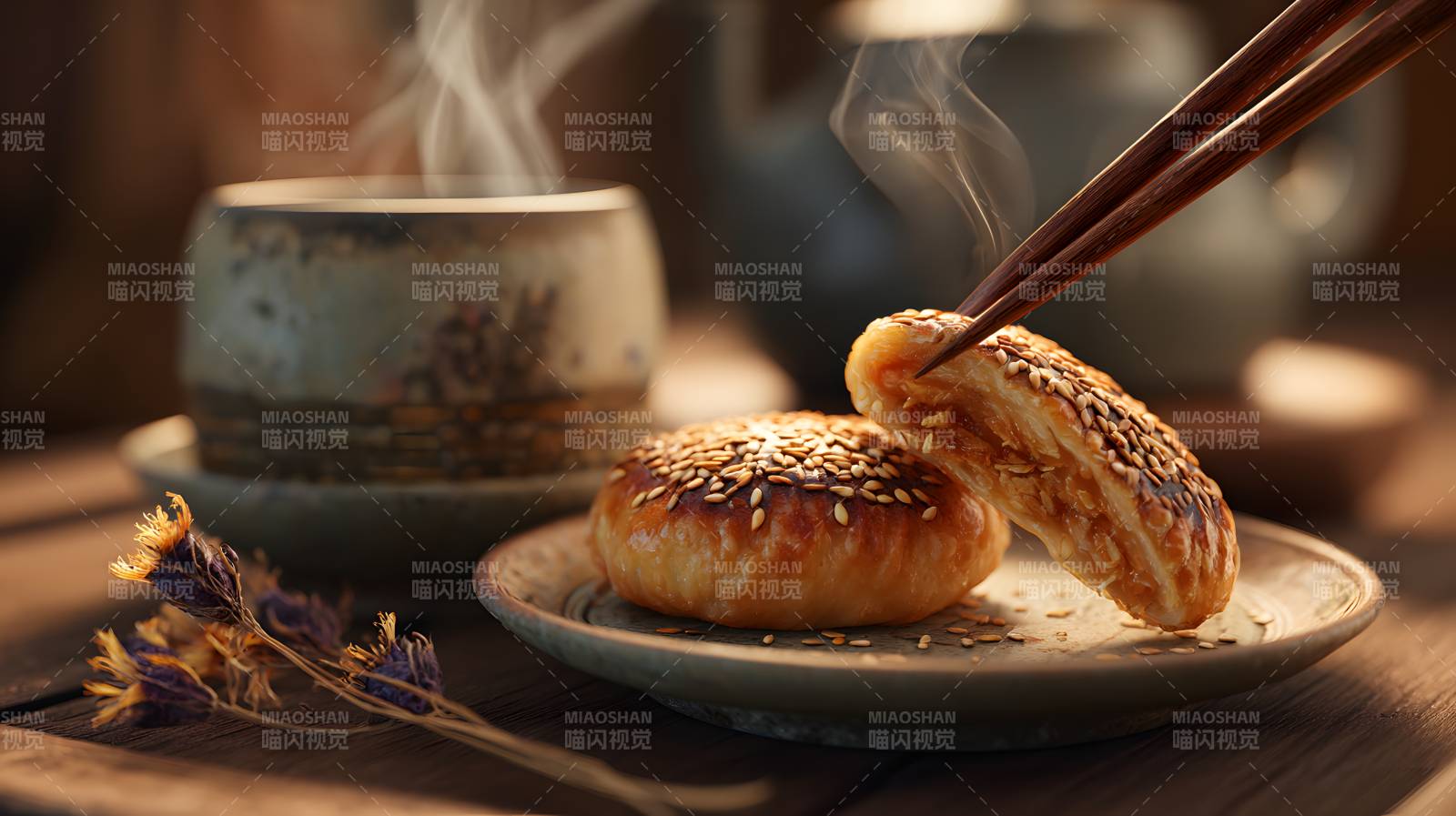 热茶配芝麻饼 暖意融融图片