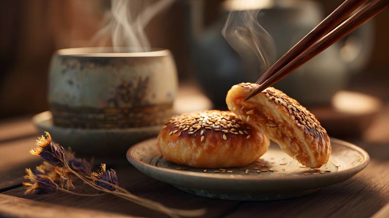 热茶配芝麻饼 暖意融融图片