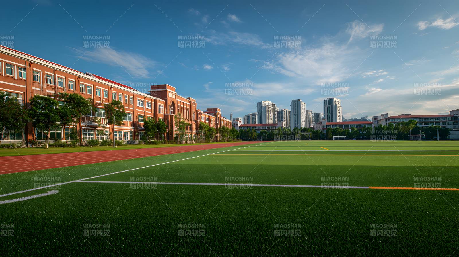 校园操场 红砖楼映蓝天图片