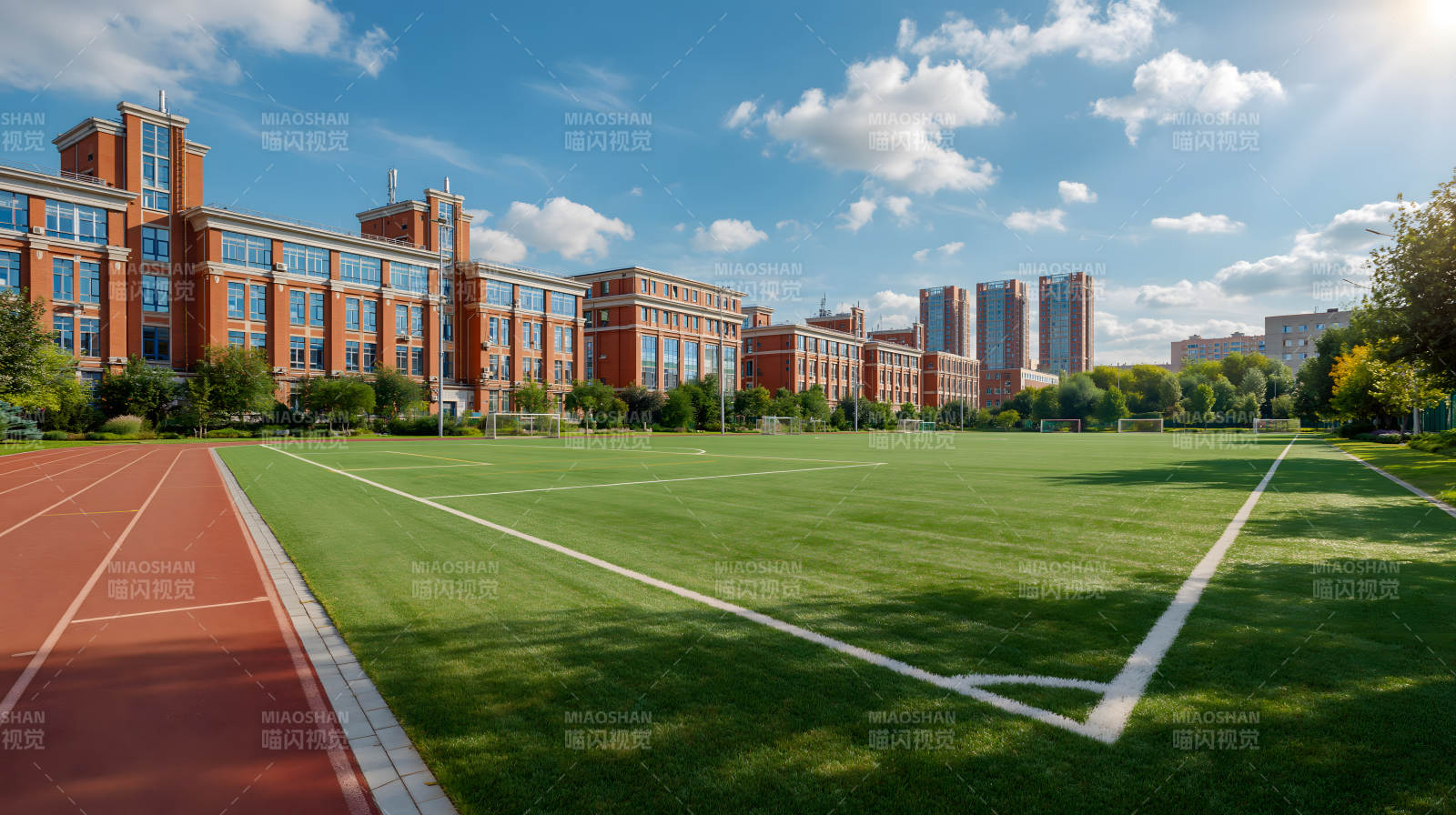 校园绿茵场与红砖教学楼图片