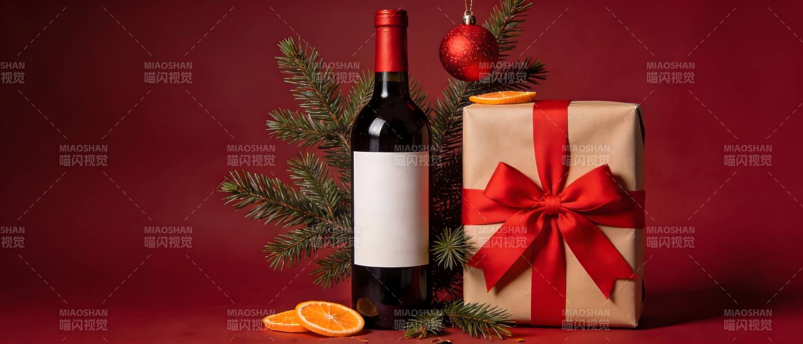 圣诞红酒礼盒配橙枝饰图片