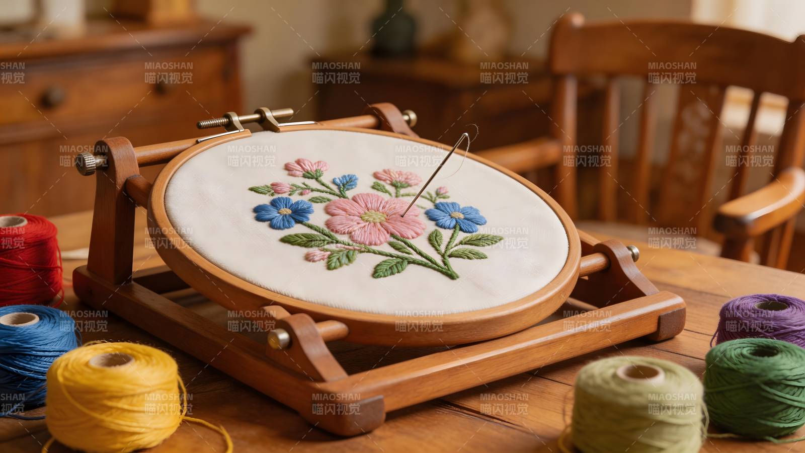 绣花架上的彩色丝线与花朵图片
