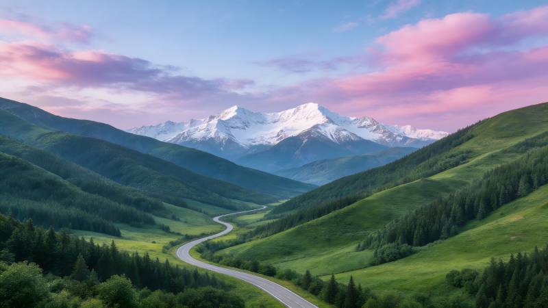 雪山绿谷 蜿蜒公路如画图片