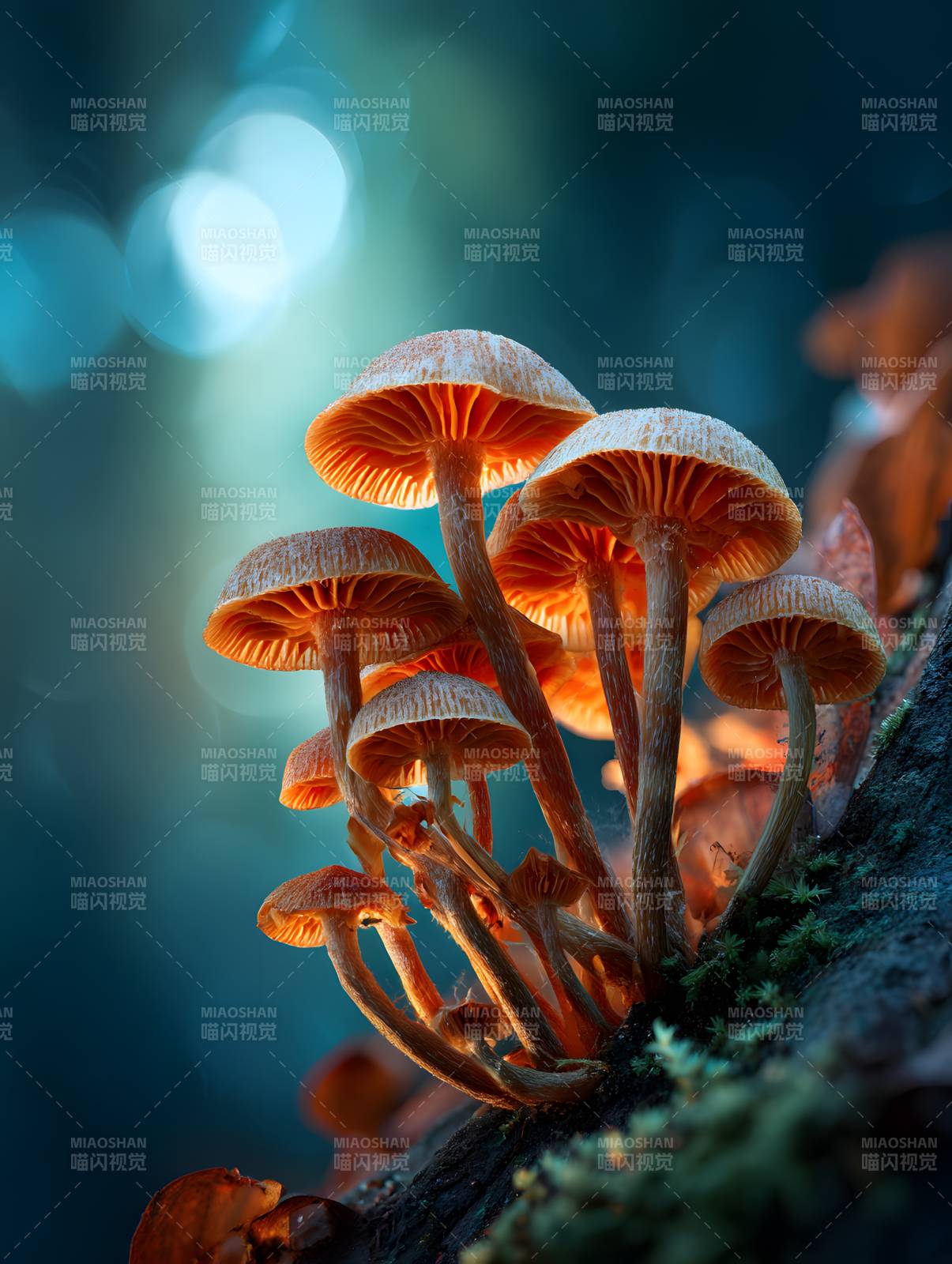 林间暖光蘑菇群图片