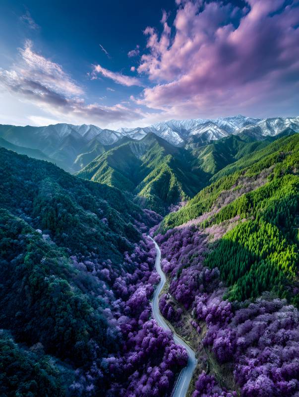 紫花山谷 云绕雪峰路图片