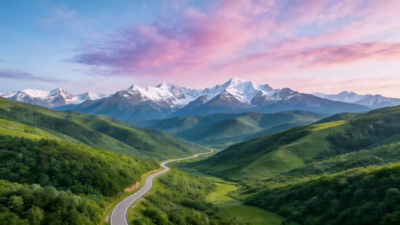 雪山绿谷 蜿蜒路向天图片