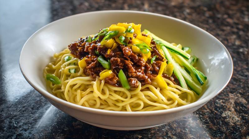肉酱拌面配黄瓜芒果图片