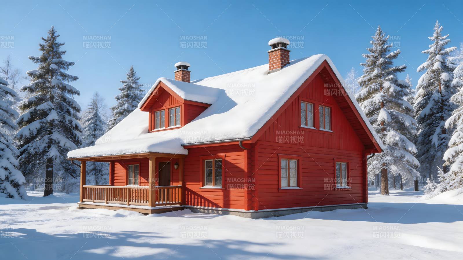 雪覆红屋 冬日静谧景图片