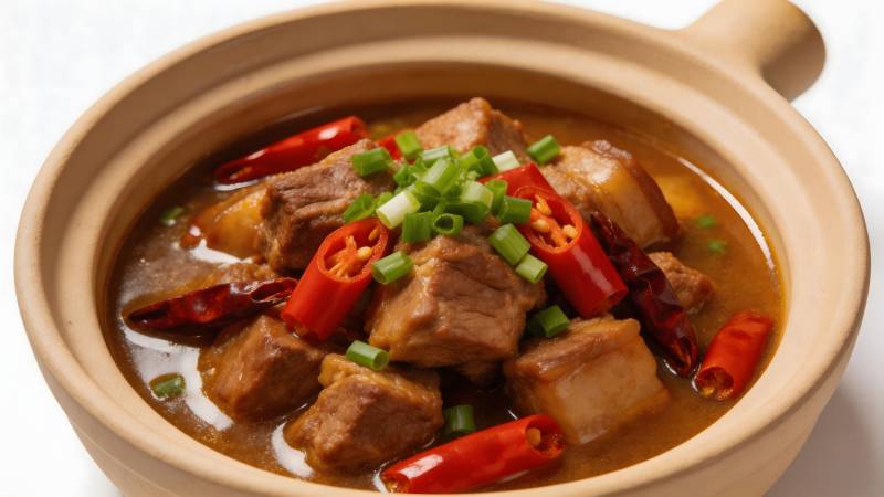 红烧肉配辣椒葱花砂锅图片