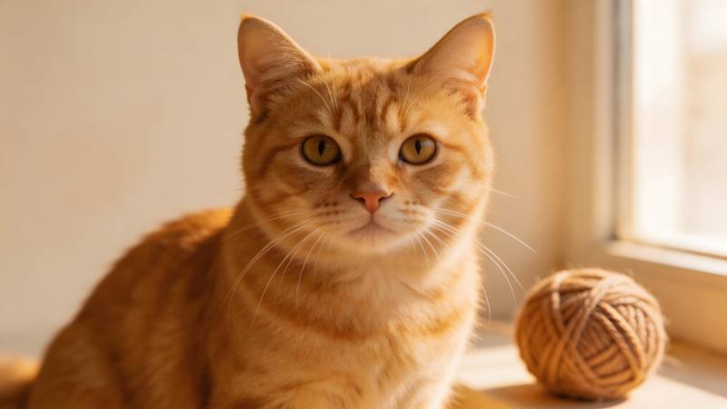 橘猫窗边望 毛线球相伴图片