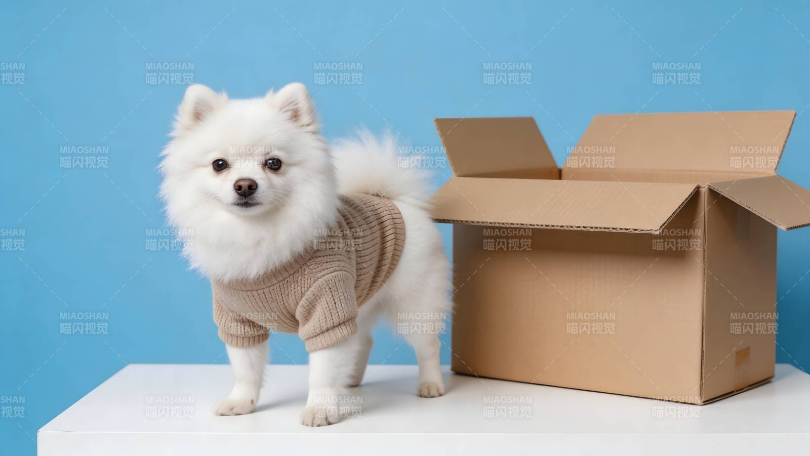 萌犬伴纸箱 蓝底温馨照图片