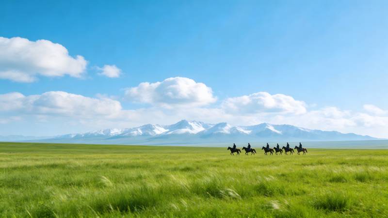 草原骑马 远山如黛图片