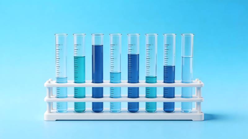 试管架上的蓝色液体实验图片