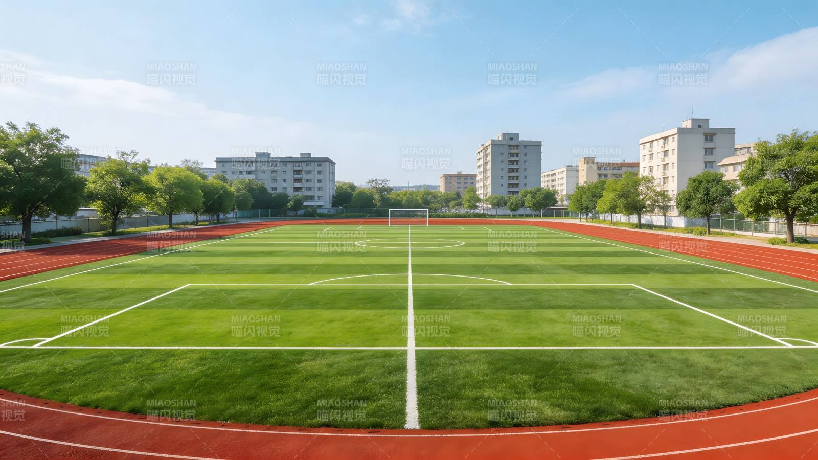 绿茵场配红跑道 校园运动景图片
