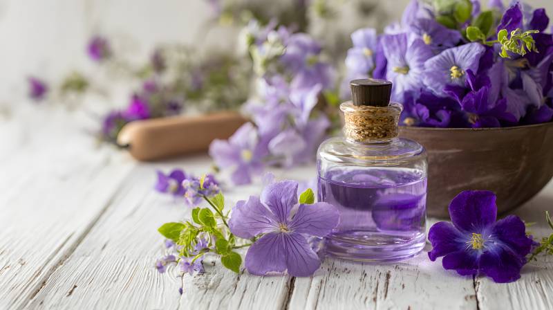 紫花香薰瓶 静谧木桌景图片