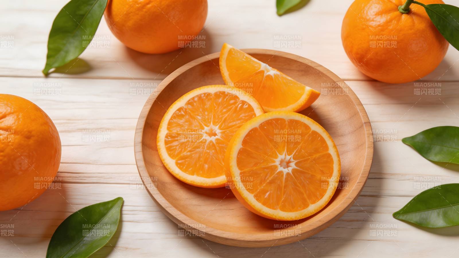 鲜橙切片 绿叶点缀木盘图片