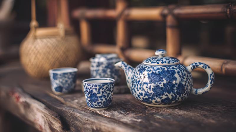 青花瓷茶具静置木桌图片