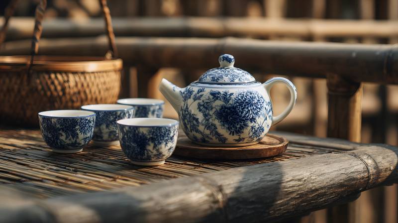 竹桌青花茶具静雅图片
