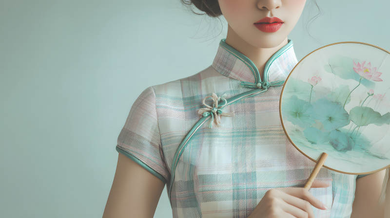 旗袍女子持莲扇 清雅如画图片