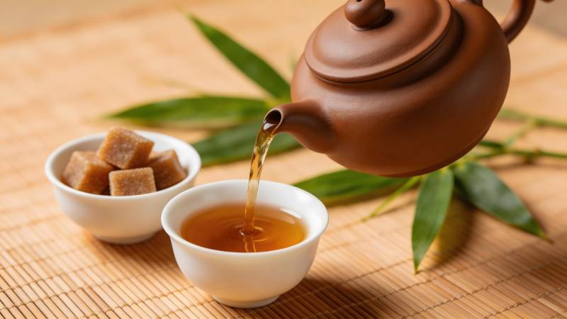 紫砂壶斟茶 竹叶伴糖块图片
